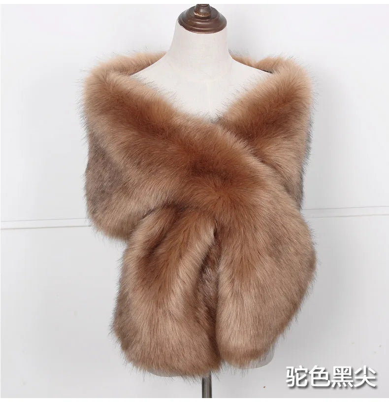 Faux Fox Fur Women Wraps Long Plush Tippet for Woman Luxury Scarf Cloak Party Dress Fluffy Fur Shawl Large Poncho Bride